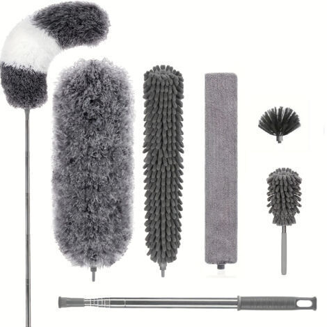 Lot de 7 Plumeau Poussière Télescopique Microfibre Nettoyage Kit avec Poignée Inoxydable Lavable Têtes Amovibles Balai Antipoussière