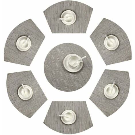 Lot de 7 Set de Table en Forme de Coin 1 Rond Central en Vinyle Lavable résistant à la Chaleur Tapis de Table(Gris argenté)-Fei Yu