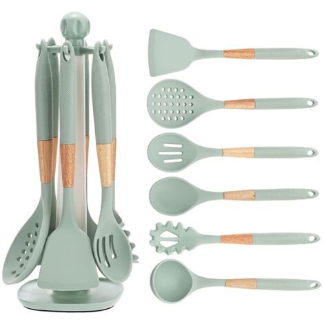 Lot de 7 ustensiles de cuisine en silicone avec support rotatif, résistants à la chaleur, gadgets de cuisine pour ustensiles de cuisine (vert)