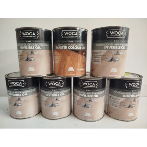 Lot de 7 - WOCA DENMARK - Huiles pour parquet - 6x Invisible Oil et 1x Master Colour Oil Rhode Island Brown - Protection professionnelle - Voir photos