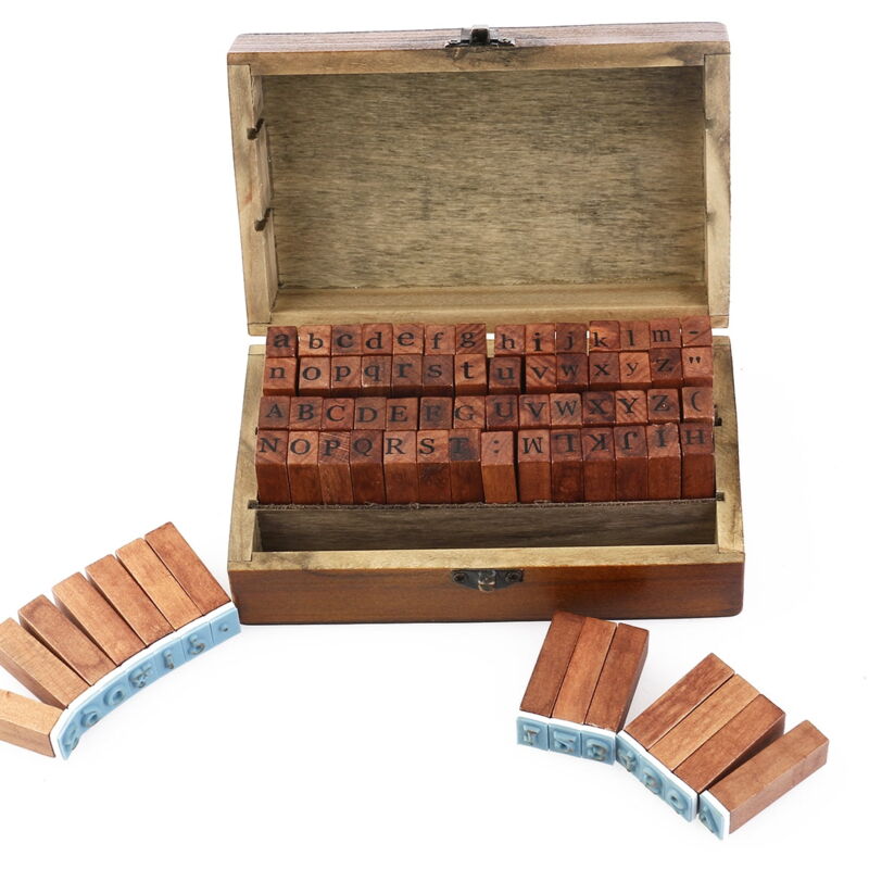 Lot de 70 tampons en caoutchouc style vintage avec lettres de l'alphabet, chiffres, symboles, tampons en caoutchouc dans une boîte en bois (couleur