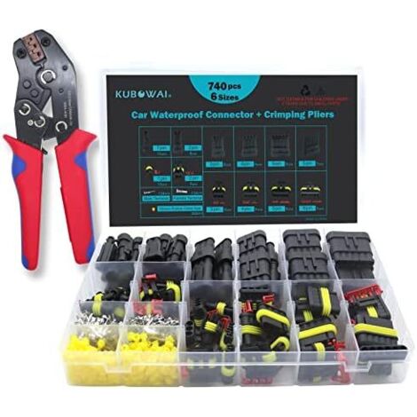 Lot de 740 Connecteurs Voiture Étanches Avec Pince à Sertir, Connecteur Câble (1/2/3/4/5/6 broches) pour Voiture, Camion, Moto, Kayak -