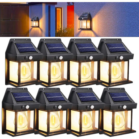Lot de 8 appliques murales solaires extérieures, 3 modes, détecteur de mouvement