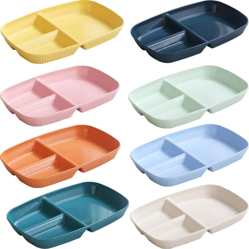 Tonchean - Lot de 8 assiettes à dîner divisées avec 3 compartiments, assiettes diététiques incassables pour le contrôle des portions, assiettes