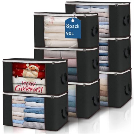 Lot de 8 bacs de rangement pour vêtements pliables pour placards avec poignées durables en tissu épais pour couverture, couette, literie, 90 l (noir)