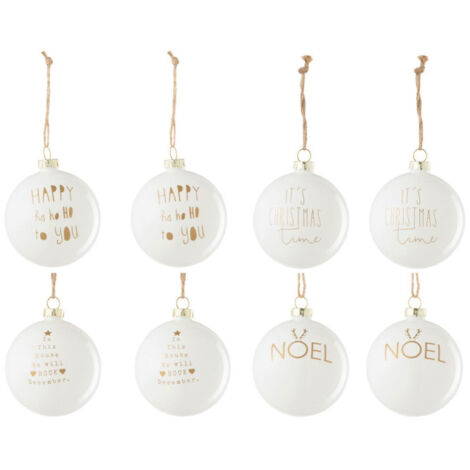 Lot de 8 Boules de Noël "Texte" 8cm Blanc & Or