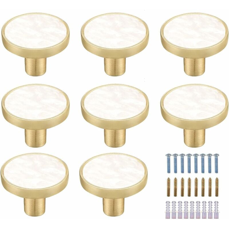 Lot de 8 boutons de placard ronds en laiton marbré blanc - Boutons de tiroir décoratifs blancs - Boutons de commode dorés pour meubles de cuisine,