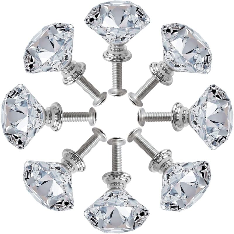 Lot de 8 boutons de porte d'armoire en cristal argenté, en alliage de zinc taillé au diamant avec boutons à vis pour placards, armoires, tiroirs,