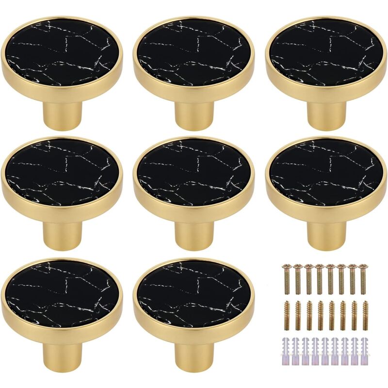 Lot de 8 boutons de tiroir ronds en laiton marbré Noir - Boutons de tiroir décoratifs noirs - Boutons de commode dorés - Quincaillerie pour meubles