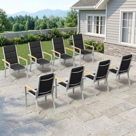 lot de 8 Chaise de Jardin Empilable, Fauteuil en Aluminium avec Accoudoirs Imitation Bois, Tissu Textilène et éponge à Séchage Rapide, Dossier Surélevé, Respirante et Confortable, Gris Clair