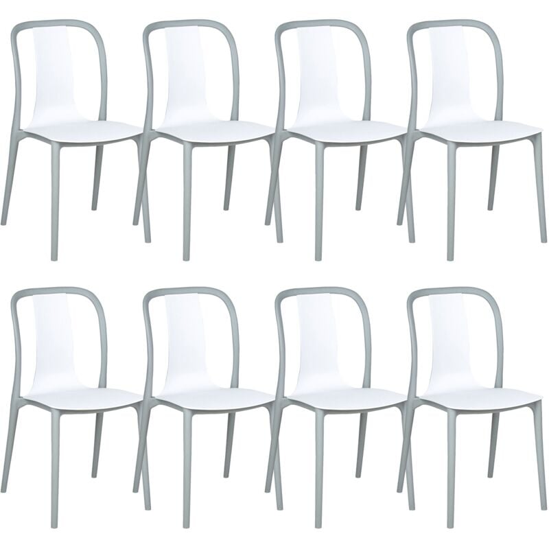Lot de 8 Chaises de Jardin en Plastique Blanc et Gris Moderne Spezia