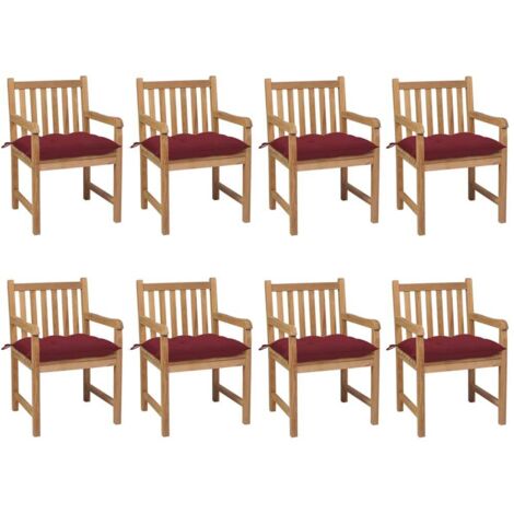 Lot de 8 Chaises de jardin  Fauteuils de Jardin avec coussins bordeaux Teck solide 23011