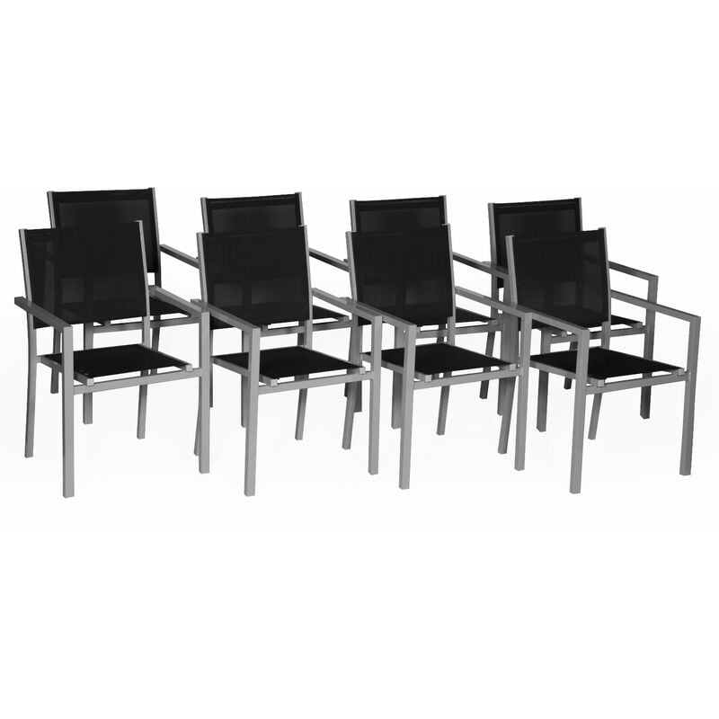 Happy Garden - Lot de 8 chaises en aluminium gris - textilène noir - black