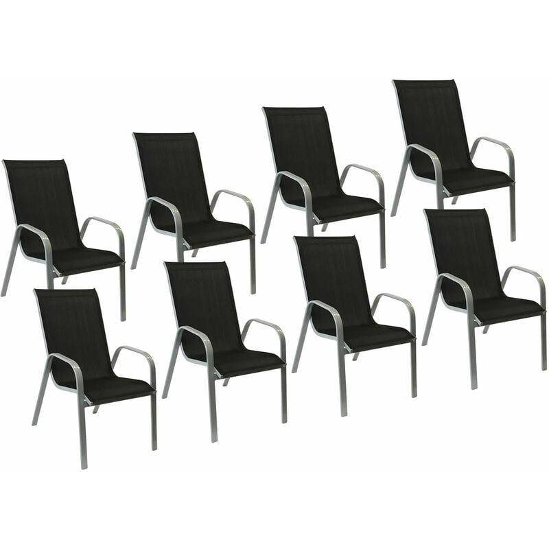 Happy Garden - Lot de 8 chaises marbella en textilène noir - aluminium gris