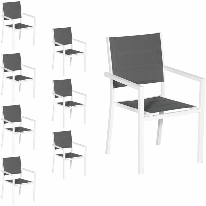 Lot de 8 chaises rembourrées en aluminium blanc - textilène gris - grey