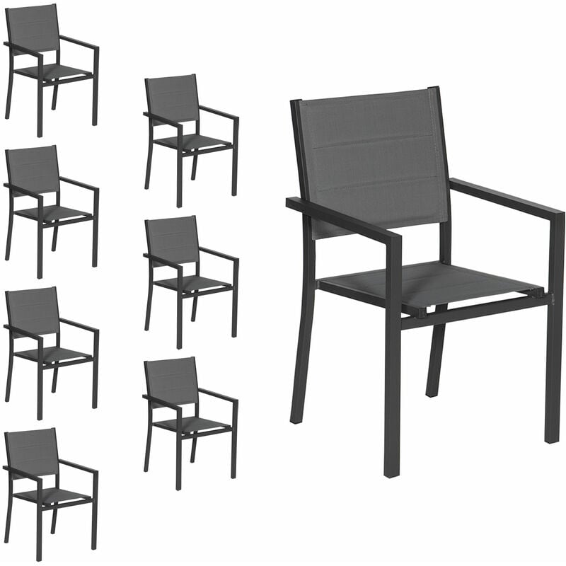 Happy Garden - Lot de 8 chaises rembourrées en aluminium anthracite - textilène gris - anthracite