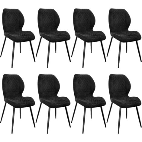 LEWE Lot de 8 Chaises salle à manger,Pieds en métal et revêtement en à Motif Diamant,avec Coussin en éponge de lin-Noir.