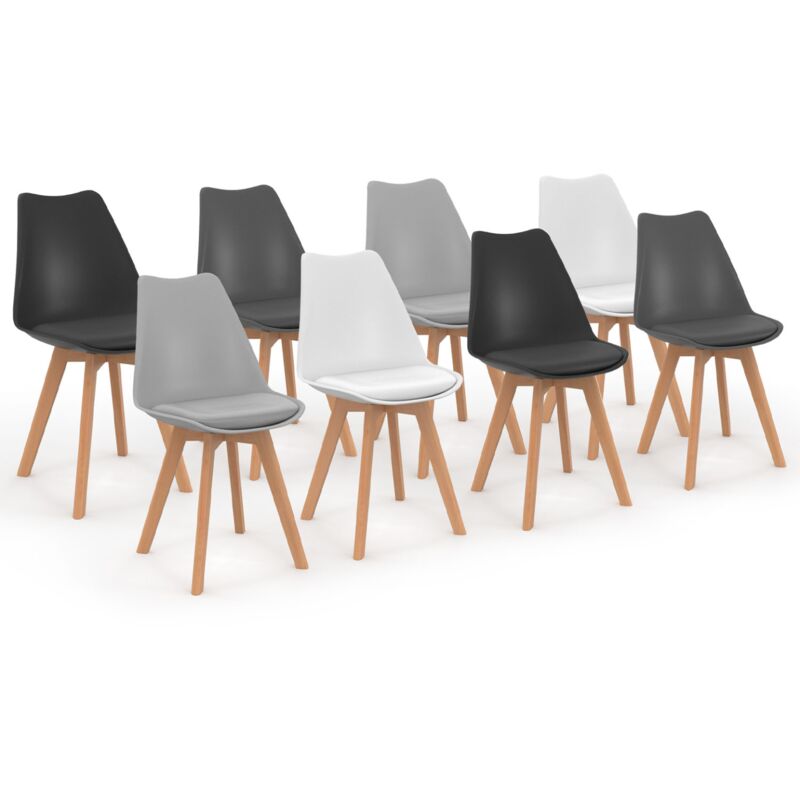 Chaises scandinaves 4 couleurs : blanc x2, gris clair x2, gris foncé x2 et noir x2