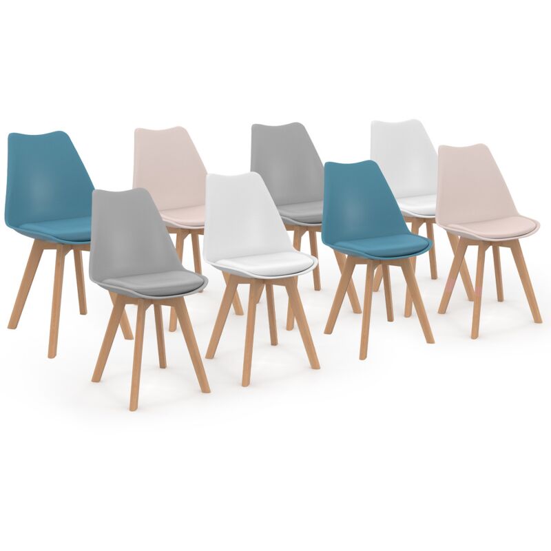 Lot de 8 chaises scandinaves sara mix color pastel rose x2, blanc x2, gris clair x2, bleu x2 - Multicolore