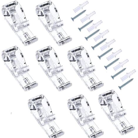 Lot de 8 clips de fixation transparents pour chaînettes de stores enrouleurs (type P), incluant crochets de guidage et dispositif de tension pour chaînes à billes, avec vis de fixation.