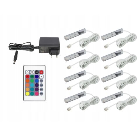 Lot de 8 clips LED RGB pour étagères en verre, câble blanc