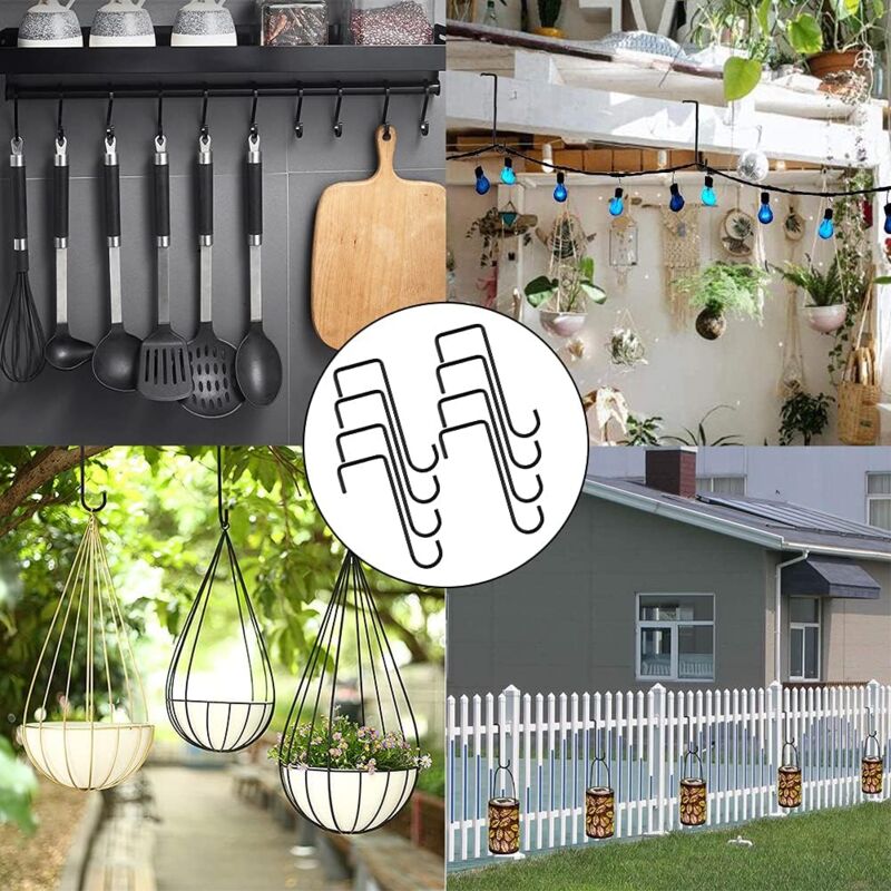 Lot de 8 crochets de clôture, 2 cintres de patio de 6 pouces, cintres de clôture en acier avec revêtement en poudre noire pour suspendre des plantes,