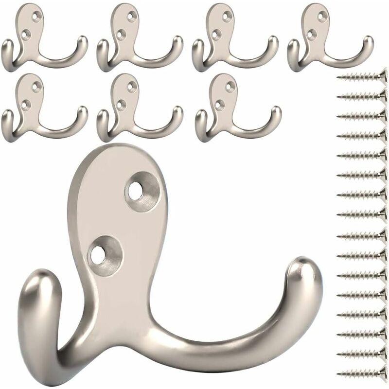 Harry - Lot de 8 crochets à manteau à double broche, crochets à serviette argentés fixés au mur avec 20 vis, crochets en métal pour suspendre