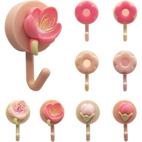 Lot de 8 crochets muraux décoratifs en forme de fleurs, roses et adhésifs, pour objets légers - Petits crochets décoratifs pour la maison, la cuisine, la salle de bain et le bureau