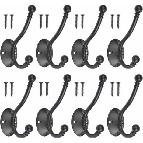 Lot de 8 crochets porte-manteaux vintage en métal noir avec 16 vis Rétro Crochet de Manteau Métal Noir Patère Murale à Visser Individuelle Patère Porte Manteau pour porte de salle de bain cuisin
