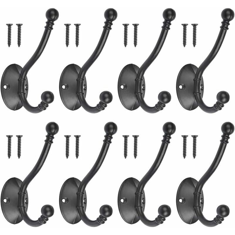 Ymyny Lot de 8 crochets porte-manteaux vintage en métal noir avec 16 vis Rétro Crochet de Manteau Métal Noir Patère Murale à Visser Individuelle