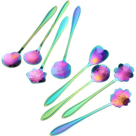 Lot de 8 cuillères à café en acier inoxydable, motif fleur, finition multicolore, style japonais