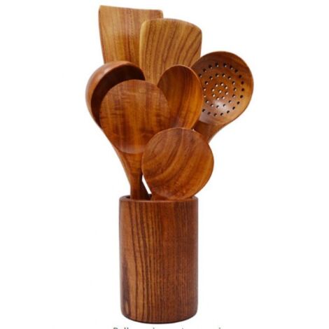 Lot de 8 cuillères en bois antiadhésives pour la cuisine, en teck naturel