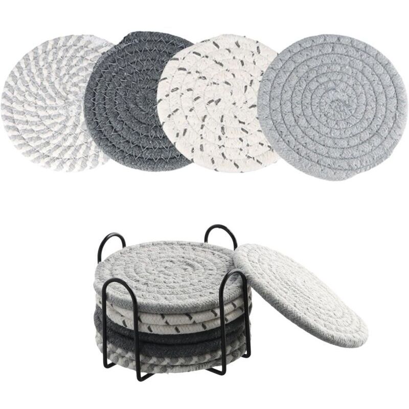 Lot de 8 Dessous de Verre avec Support, sous-Verres absorbants en Coton, Dessous de Verre tressé Rond, Dessous de Verre bohème, Dessous de Verre pour