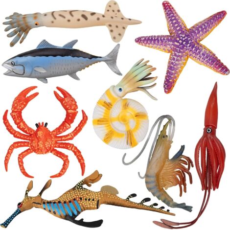 Lot de 8 figurines d'animaux marins en plastique (crabe, étoile de mer, calmar, poisson), idéales pour le bain ou la décoration d'aquarium. Ces figurines en caoutchouc représentent des créatures marin