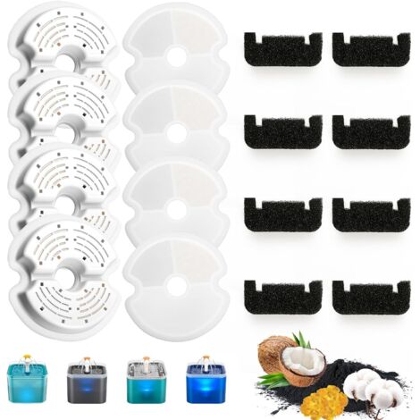 Lot de 8 Filtre Fontaine Eau Chat, 8Filtre Fontaine avec la résine et Charbon Actif+8Pcs Ponges, Quadruple Filtration Remplacement Filtre Fontaine à Eau