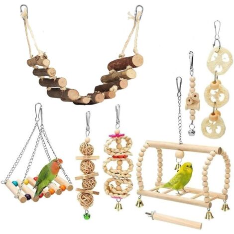 Lot de 8 Jouets pour Oiseaux - Jouet à Bascule - Cage à Oiseaux - Jouet à mâcher - Accessoire de Cage à Oiseaux - Plateforme en Bois pour perruches, calopsittes, aras, pinsons