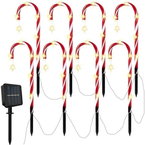 DOLASO Lot De 8 Lampes Solaires De Noël En Forme De Canne À Sucre D'orge, Guirlande Lumineuse Solaire À LED Pour Noël, Lumières LED Solaires Pour Allée, Décoration De Noël, Étoile De Sucre D'orge Lumineuse