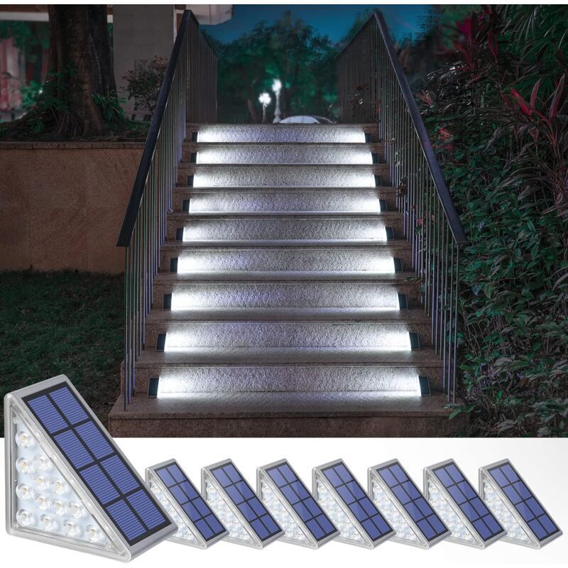 Debuns - Lot de 8 lampes solaires pour escaliers, escaliers, terrasse, allée, porche, porte d'entrée, trottoir - Blanc froid..