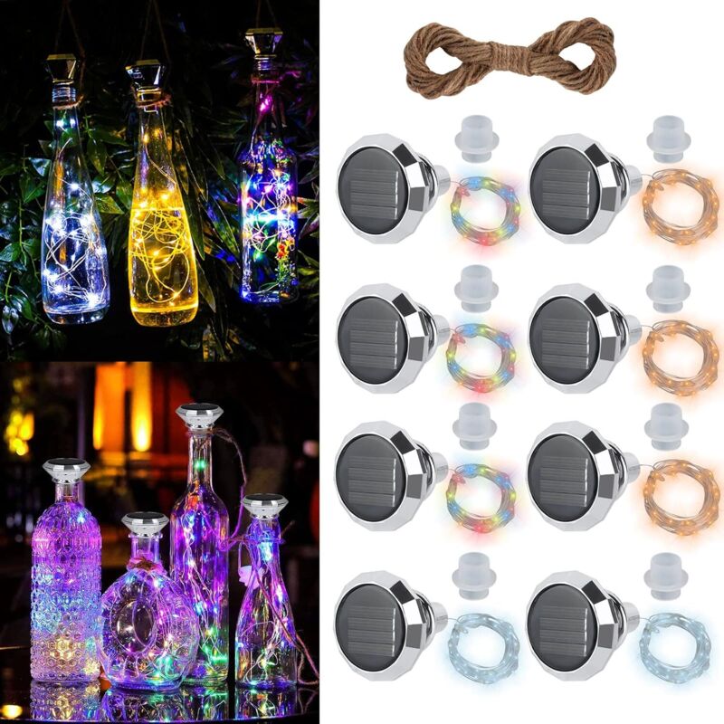 Lot de 8 lumières solaires pour bouteilles de vin, 20 LED, 2 m, guirlande lumineuse LED pour bouteille de vin, guirlande lumineuse