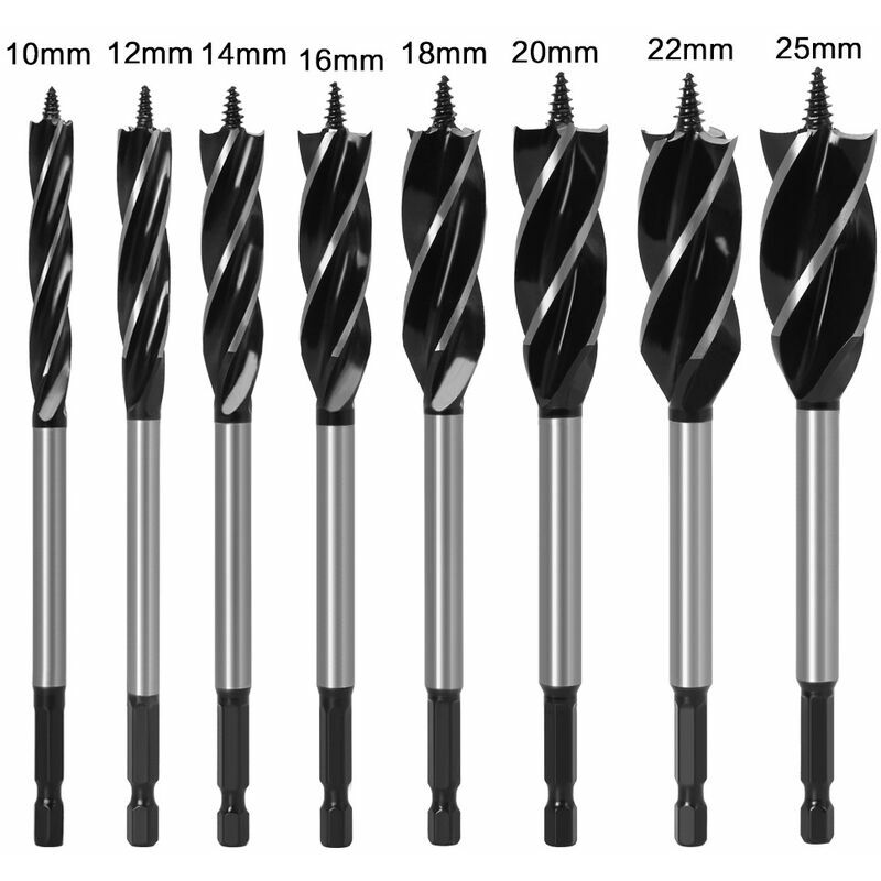 Lot de 8 mèches à bois torsadées à tige hexagonale de 6,35 mm pour le bois, le béton, le travail du bois et les trous de 10 à 25 mm