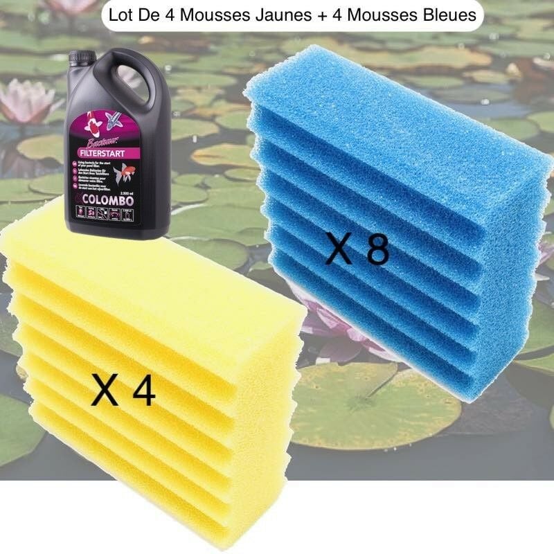 Lot De 8 Mousses Bleues + 4 Mousses Jaunes, + Bactéries 2500 ml De Filtration, De Remplacement, - 4 Mousses Jaunes + 8 Mousses Bleues