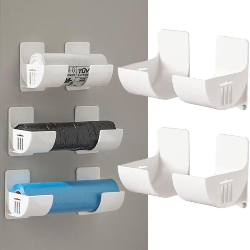 Lot de 8 organiseurs de cuisine non perforés - Montage mural - Distributeur de sacs poubelle - Blanc - Organiseur de cuisine - Pour le rangement et