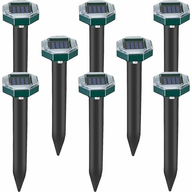 Soleil - Lot de 8 pics répulsifs à ultrasons pour taupes, serpents et campagnols à énergie solaire pour pelouse, jardin et cour, répulsif à sardines