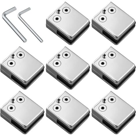 Lot de 8 pinces à verre de taille moyenne (8-9 mm) en acier inoxydable – Dos plat, finition polie, fixation antirouille avec vis de serrage pour garde-corps, balustrades, escaliers et mains courantes.