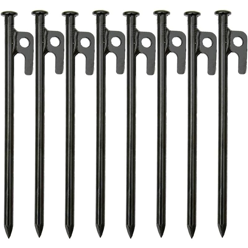 Lot de 8 piquets de tente robustes en fer forgé haute résistance de 20 cm avec crochet et trou pour voyage en plein air, randonnée, jardinage, grand