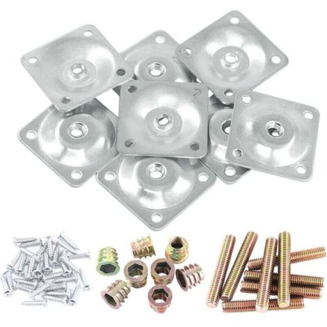 Lot de 8 plaques de montage argentées pour pieds de meubles, 8 plaques de fixation pour pieds avec 40 boulons de suspension de 5/16" pour meubles, canapés, sièges