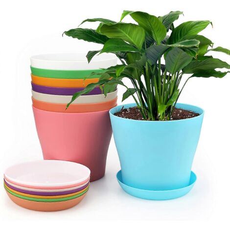 Lot de 8 pots de fleurs décoratifs en plastique de 17 cm de diamètre, avec soucoupe, 8 couleurs.