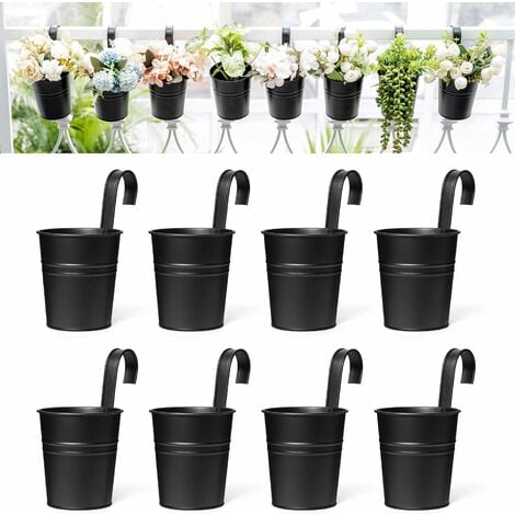 Lot de 8 pots de fleurs suspendus en métal avec seau en fer pour balustrade, balcon, jardin, décoration d'intérieur, support de fleurs avec crochet amovible, noir, 10,2 cm.