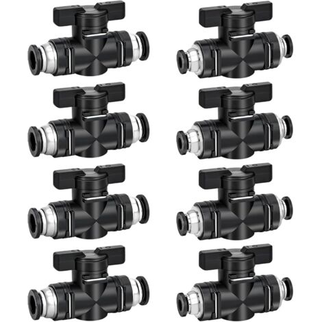 Lot de 8 Raccords Pneumatiques, Robinet à Boisseau Sphérique, Plastique et Cuivre, Pour Tuyaux 6mm et 8mm, Système d'Air Comprimé
