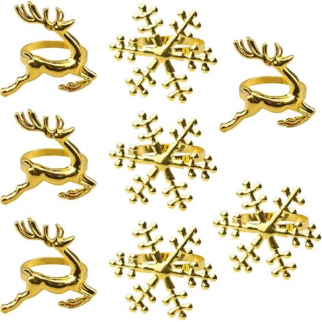 Lot de 8 ronds de serviette dorés en forme de renne et de flocon de neige pour décoration de table de Noël/mariage/Thanksgiving/fête